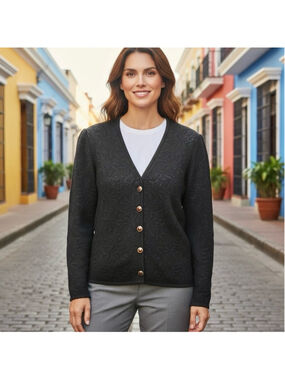 St. John Collection Black Pointelle Knit Wool Blend Cardigan Size 10